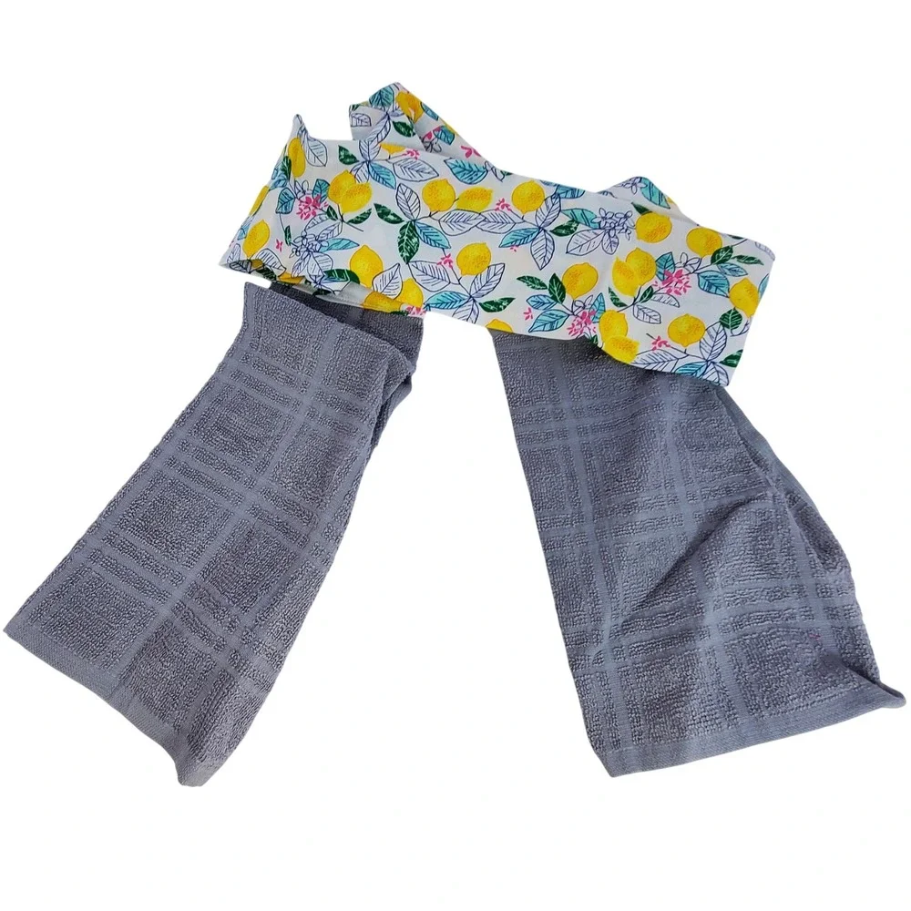 Lemon Print Kitchen Scarf Towel Grey Waffle Weave Cotton Cooking Accessory 65in